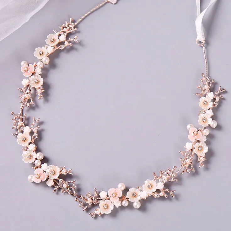 "Yvonne" - Pearl and Crystal Bridal Headband - Available in Yellow Gold, Rose Gold and Silver