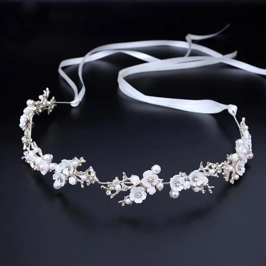 "Yvonne" - Pearl and Crystal Bridal Headband - Available in Yellow Gold, Rose Gold and Silver
