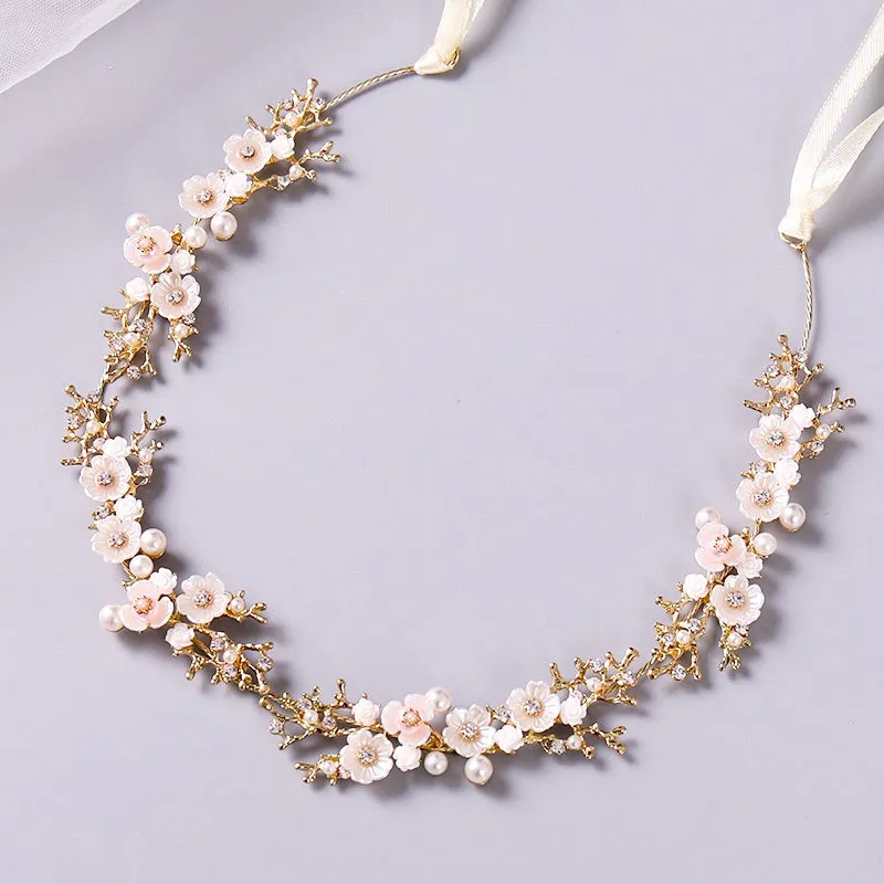 "Yvonne" - Pearl and Crystal Bridal Headband - Available in Yellow Gold, Rose Gold and Silver