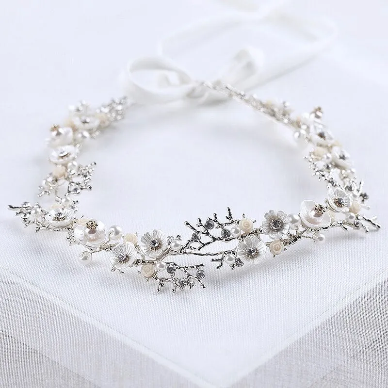 "Yvonne" - Pearl and Crystal Bridal Headband - Available in Yellow Gold, Rose Gold and Silver