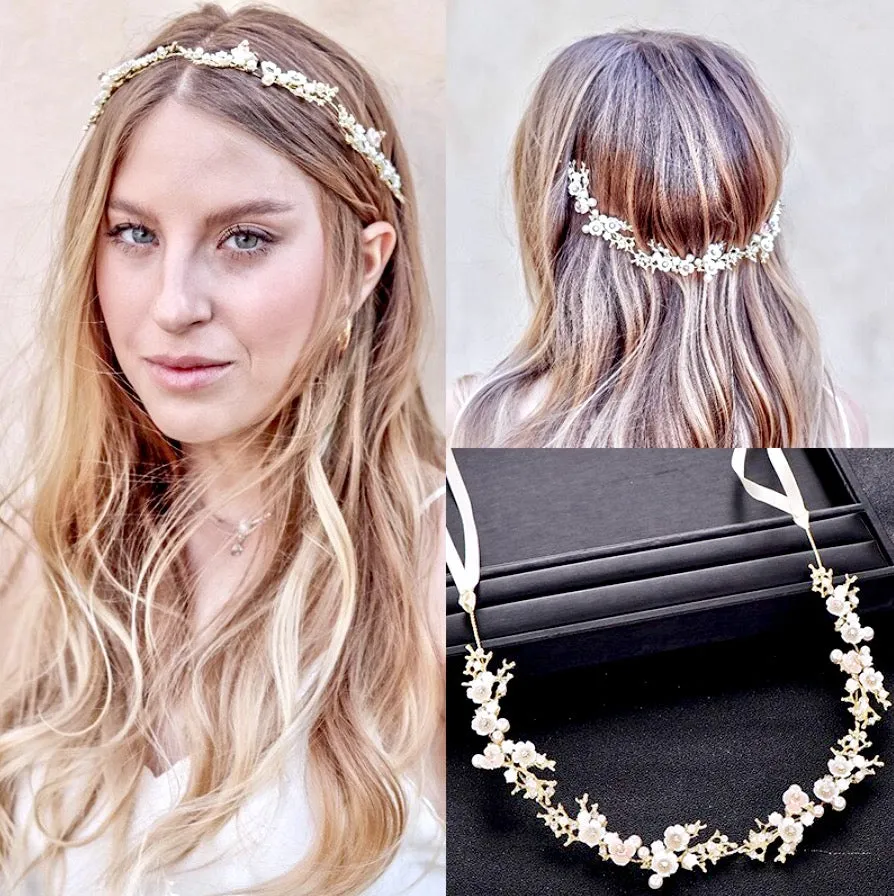 "Yvonne" - Pearl and Crystal Bridal Headband - Available in Yellow Gold, Rose Gold and Silver