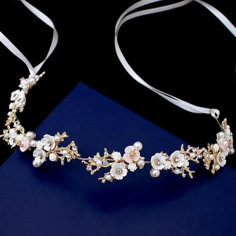 "Yvonne" - Pearl and Crystal Bridal Headband - Available in Yellow Gold, Rose Gold and Silver