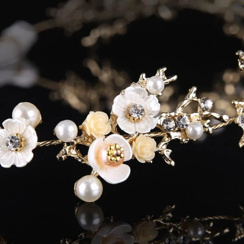 "Yvonne" - Pearl and Crystal Bridal Headband - Available in Yellow Gold, Rose Gold and Silver