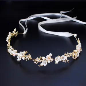 "Yvonne" - Pearl and Crystal Bridal Headband - Available in Yellow Gold, Rose Gold and Silver