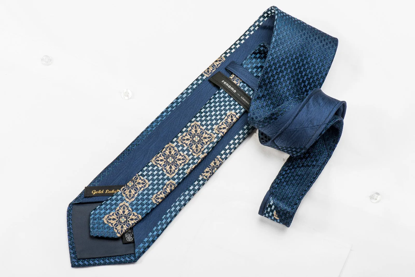 Renoma Men's Crystal Silk Necktie Gold Cartouche & Geometric On Navy With Blue Sparkles