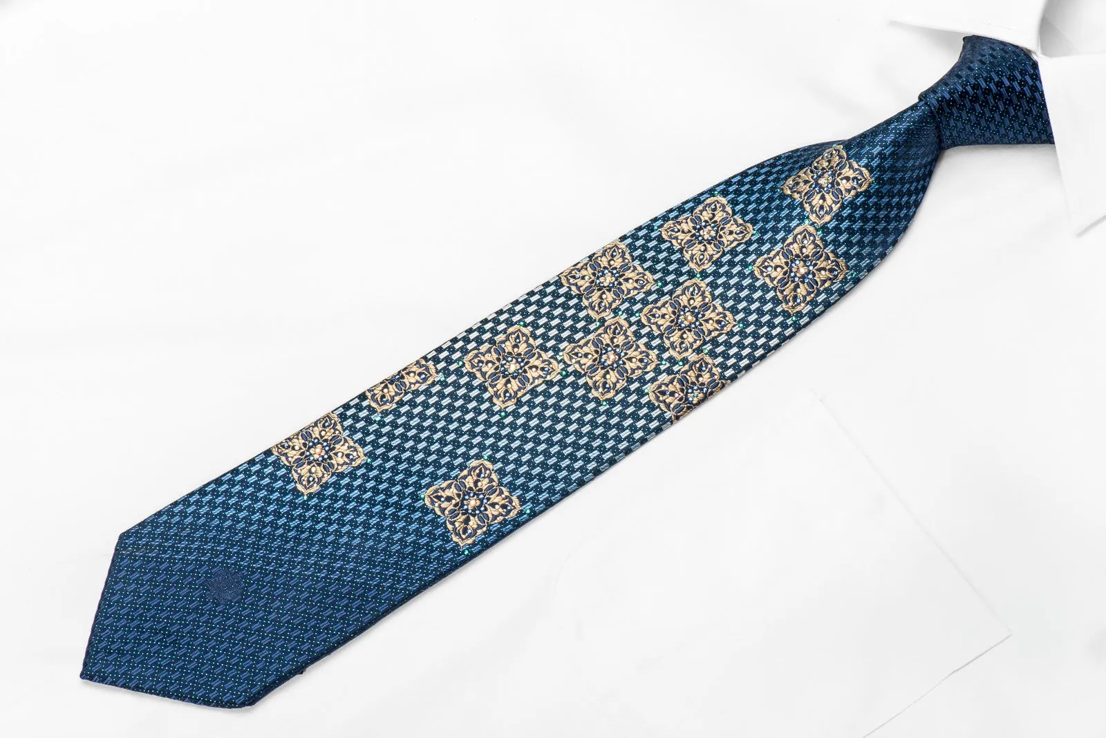 Renoma Men's Crystal Silk Necktie Gold Cartouche & Geometric On Navy With Blue Sparkles
