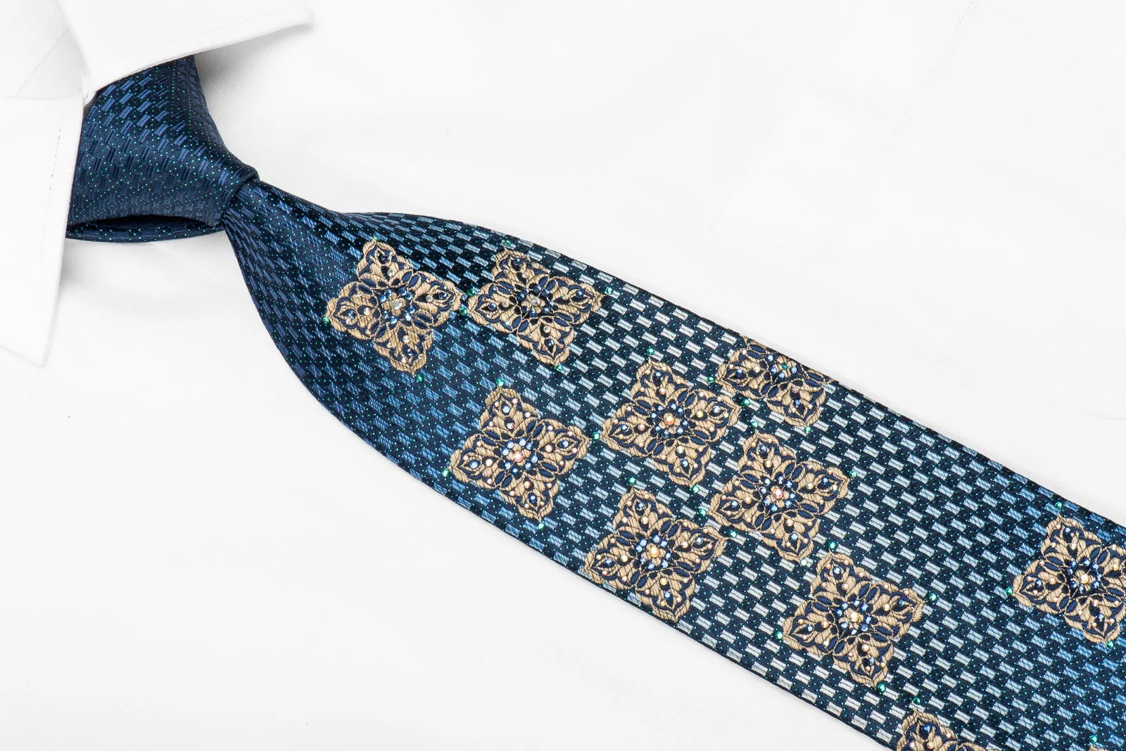 Renoma Men's Crystal Silk Necktie Gold Cartouche & Geometric On Navy With Blue Sparkles