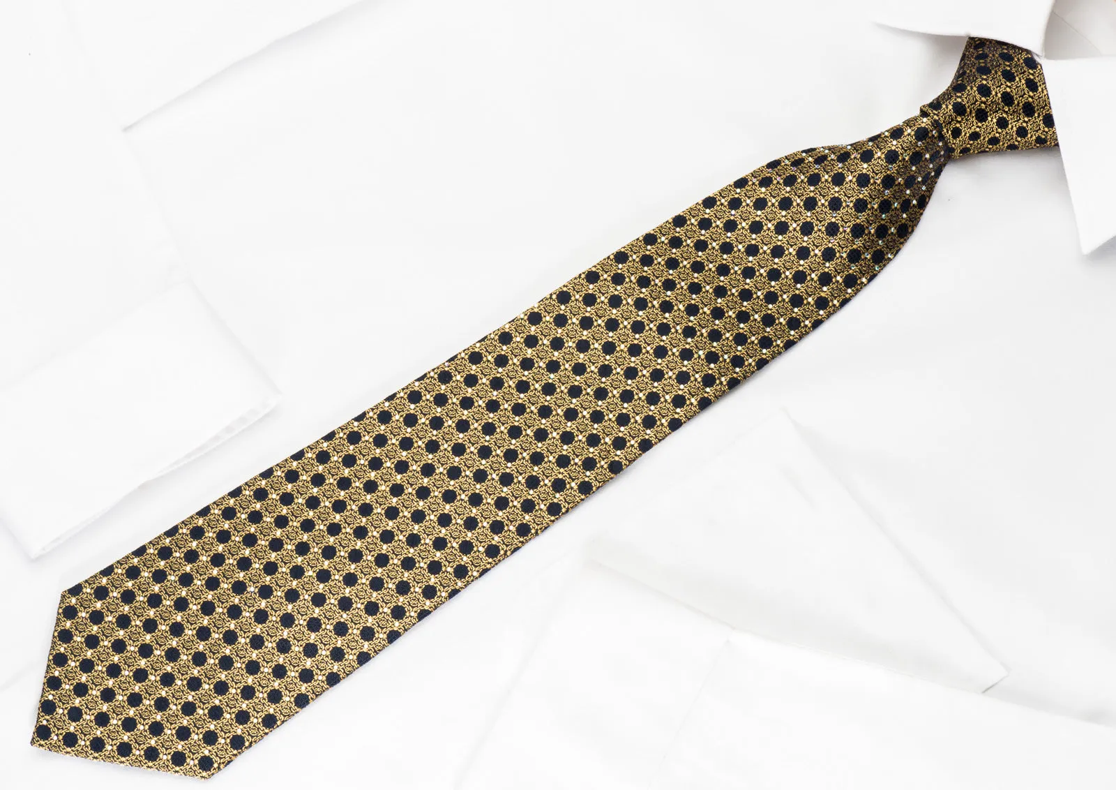Renoma Men's Silk Crystal Necktie Gold Interlocking Chains On Navy With Golden Sparkles