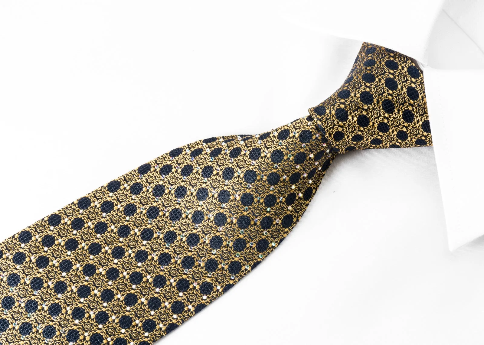 Renoma Men's Silk Crystal Necktie Gold Interlocking Chains On Navy With Golden Sparkles
