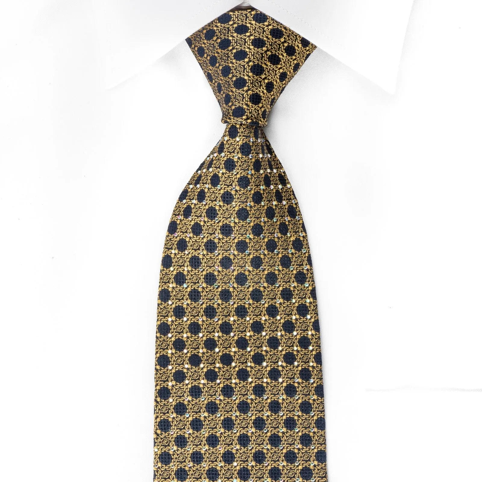 Renoma Men's Silk Crystal Necktie Gold Interlocking Chains On Navy With Golden Sparkles