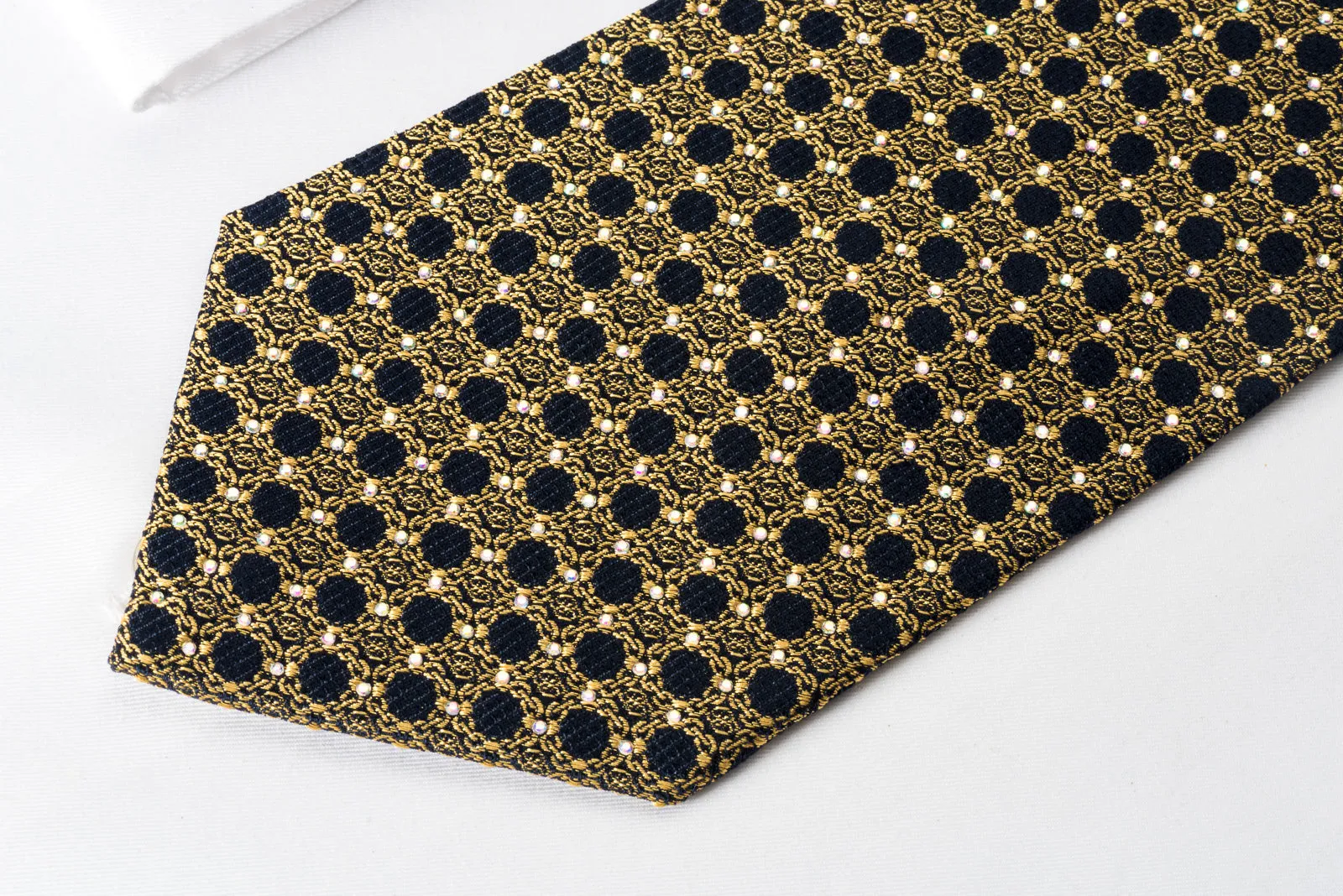 Renoma Men's Silk Crystal Necktie Gold Interlocking Chains On Navy With Golden Sparkles