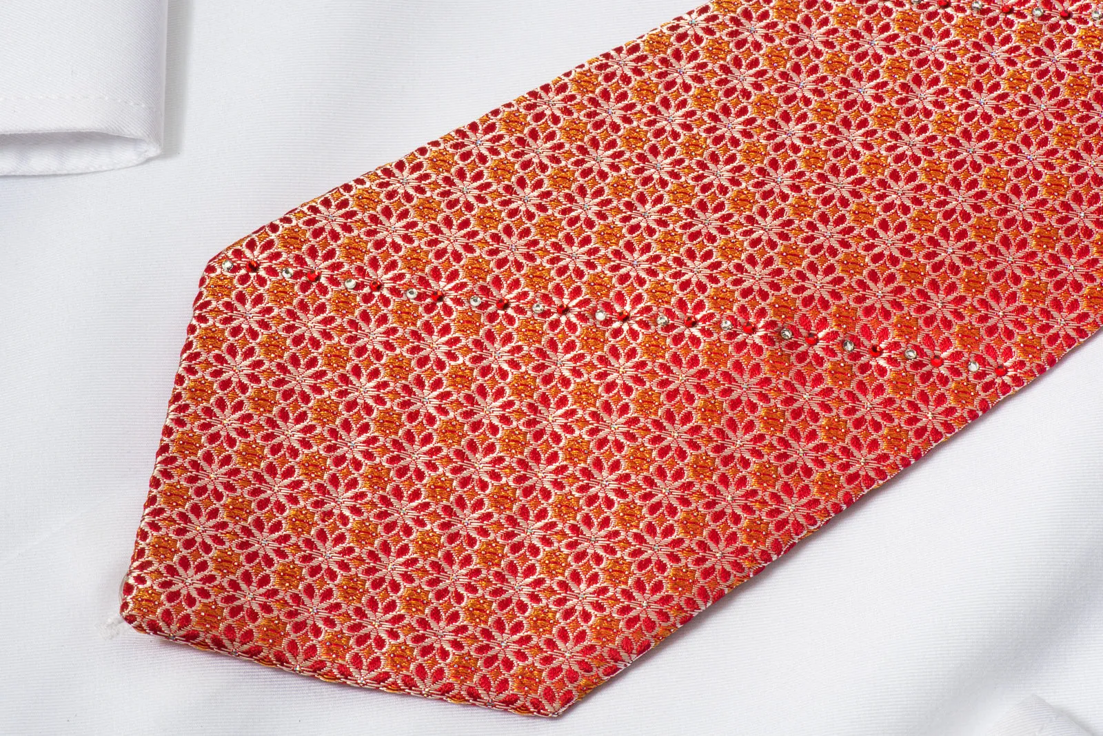 Renoma Rhinestone Necktie Silver Foulard On Red With Silver Sparkles