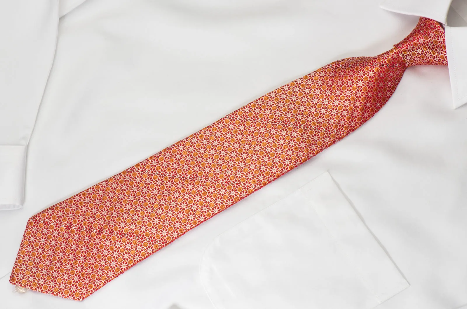 Renoma Rhinestone Necktie Silver Foulard On Red With Silver Sparkles