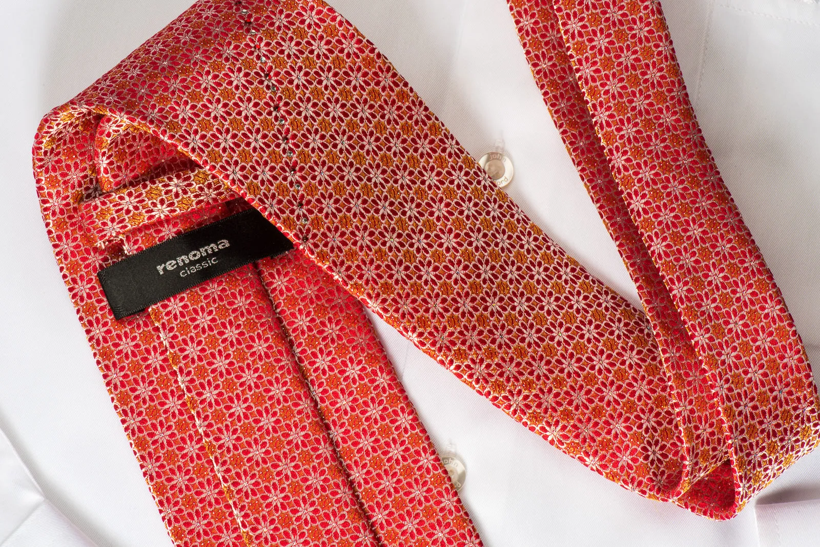 Renoma Rhinestone Necktie Silver Foulard On Red With Silver Sparkles
