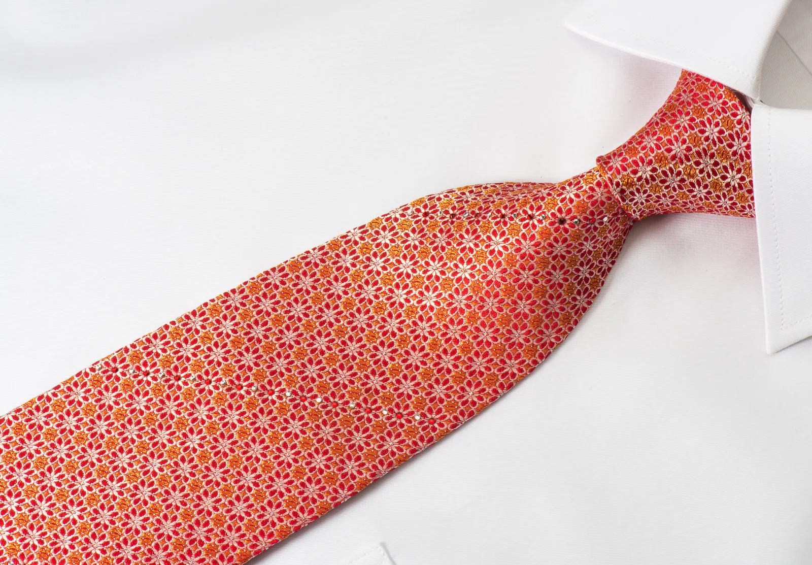 Renoma Rhinestone Necktie Silver Foulard On Red With Silver Sparkles