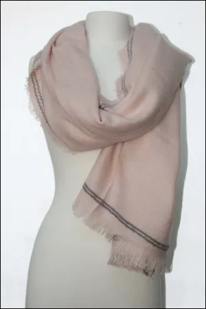 Striped Edge Solid Oblong Scarf w/Frayed Fringe