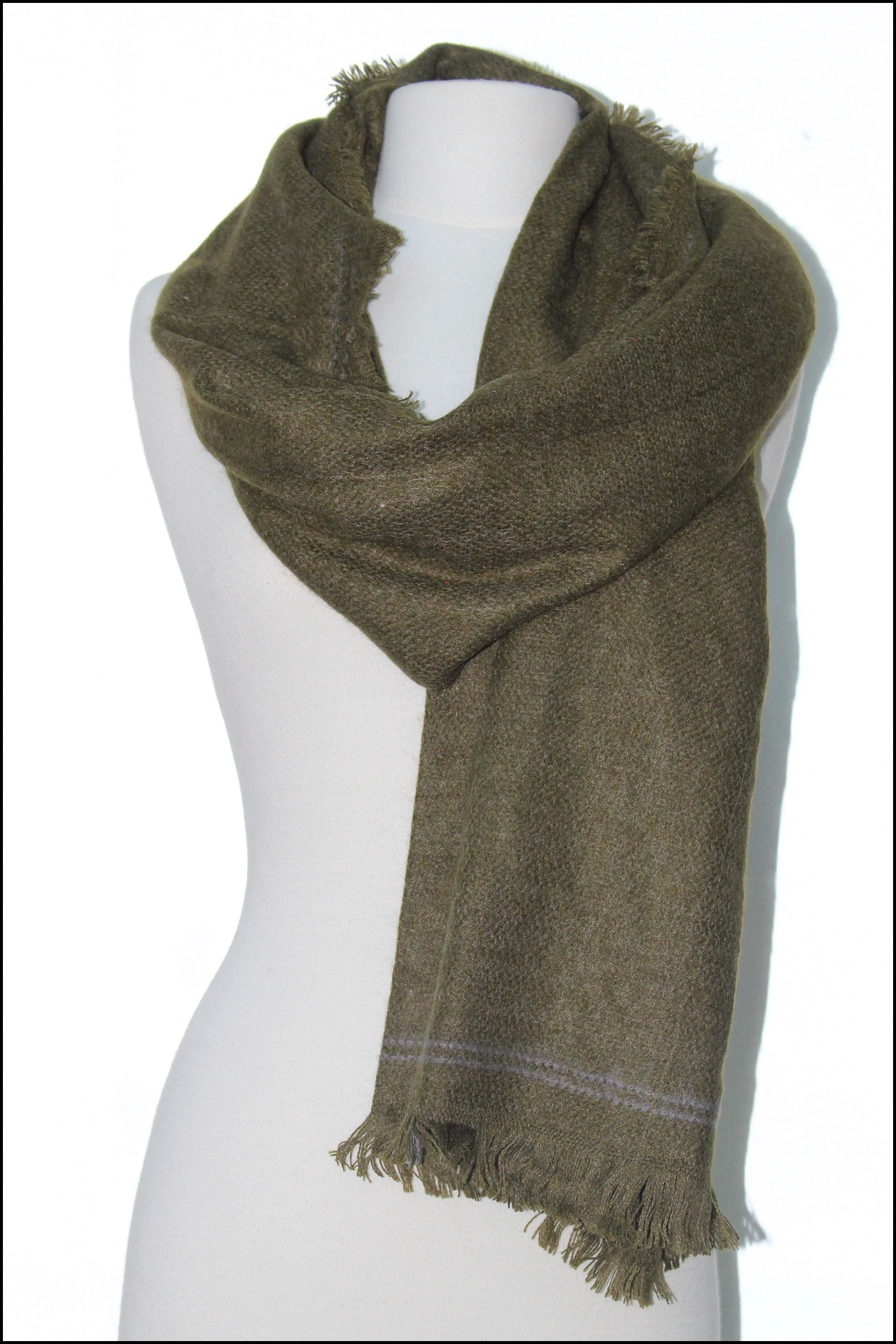 Striped Edge Solid Oblong Scarf w/Frayed Fringe