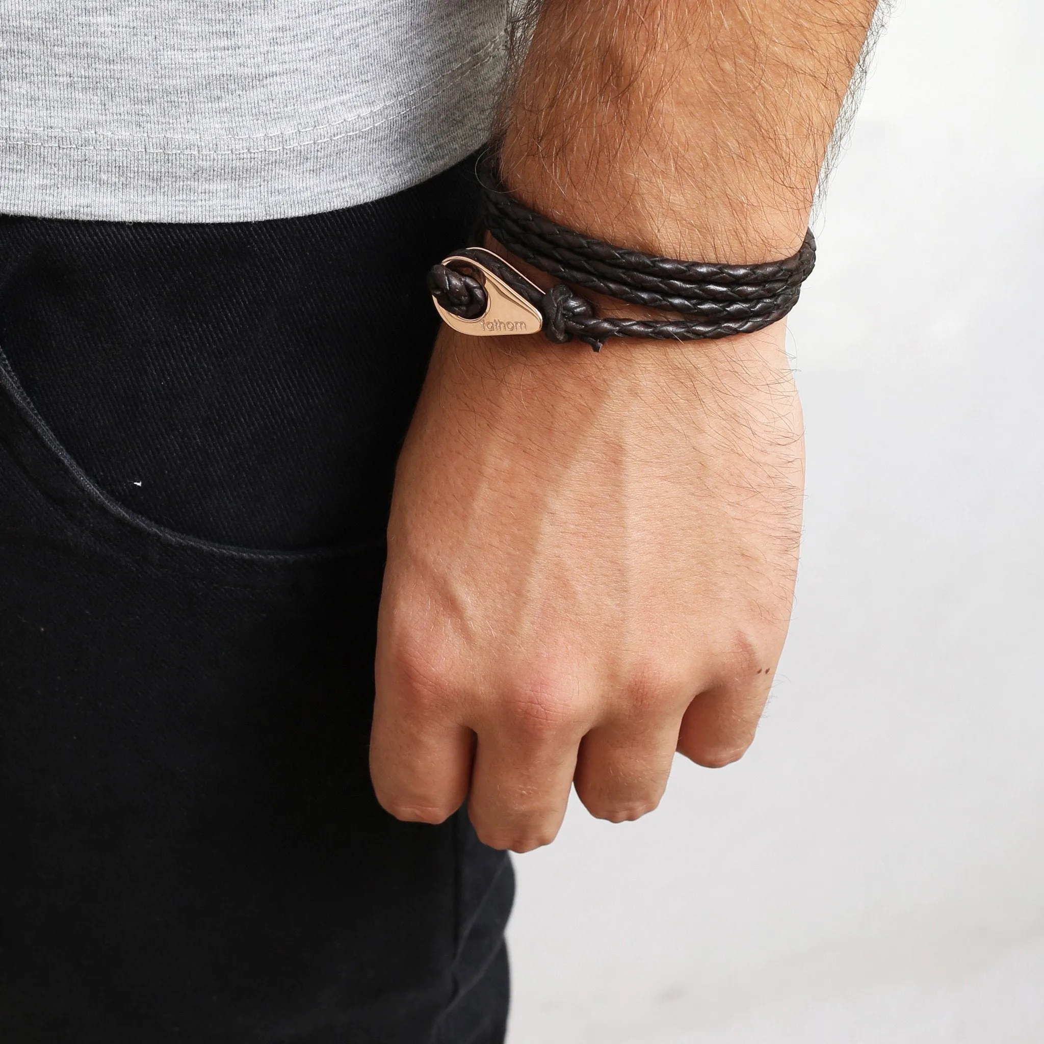 TABACO Braided Leather Bracelets Thimble Charm Wrap Wristbands for Men Women Dark Brown Four Wraps Rose Gold